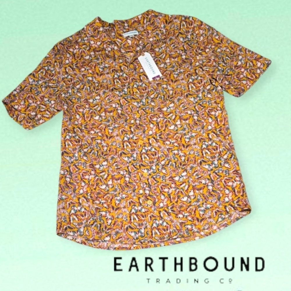 Earthbound Trading Co. Unisex Button Up Camp Shirt Butterfly‎ Golden S NEW